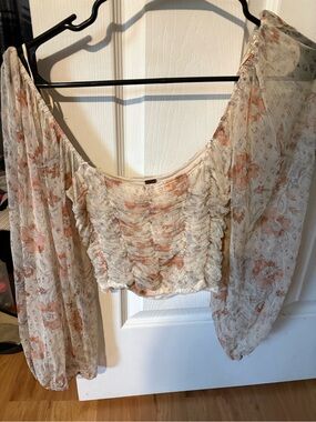 Free People Floral Ruffle Crop Top - Cream with Peach